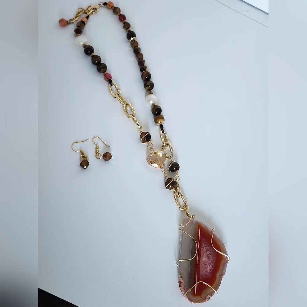 Tiger eye Beaded And Big Agate  Necklace Set